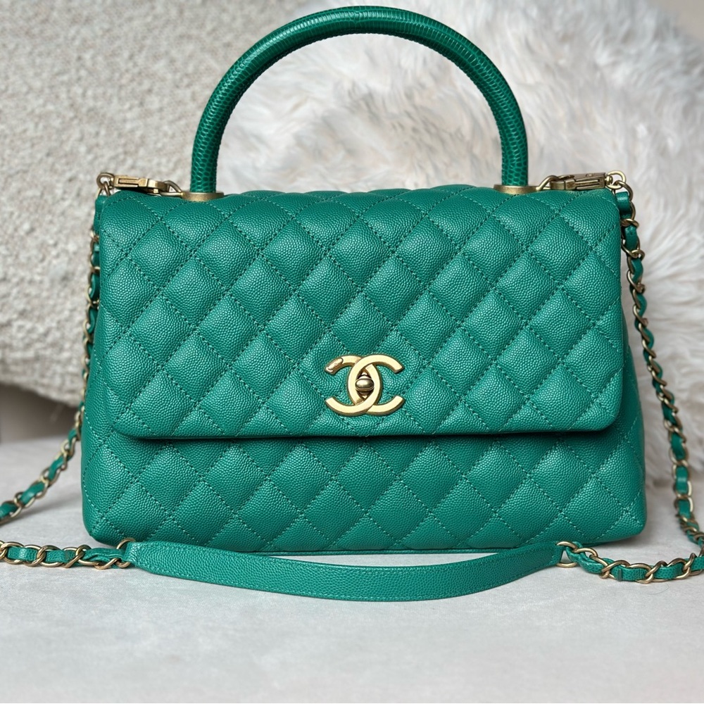 SOLD Chanel Coco Top Handle Lizard Green Medium Caviar Bag